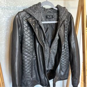 Mo-Ka faux leather jacket with knit hood. Size medium. Never worn.